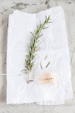 Rosemary bir somut ve beyaz arka plan üzerinde kaligrafi bir yazıt ile bir dalı.