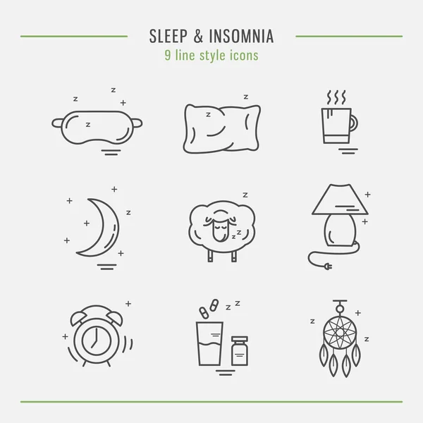 Colección de iconos de línea vectorial aislados con problemas de sueño y símbolos de insomnio — Archivo Imágenes Vectoriales