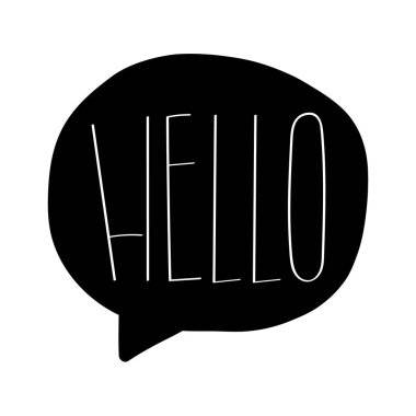 Yazı vektör çizim Merhaba. El çizimi kelime, siyah üzerine beyaz.