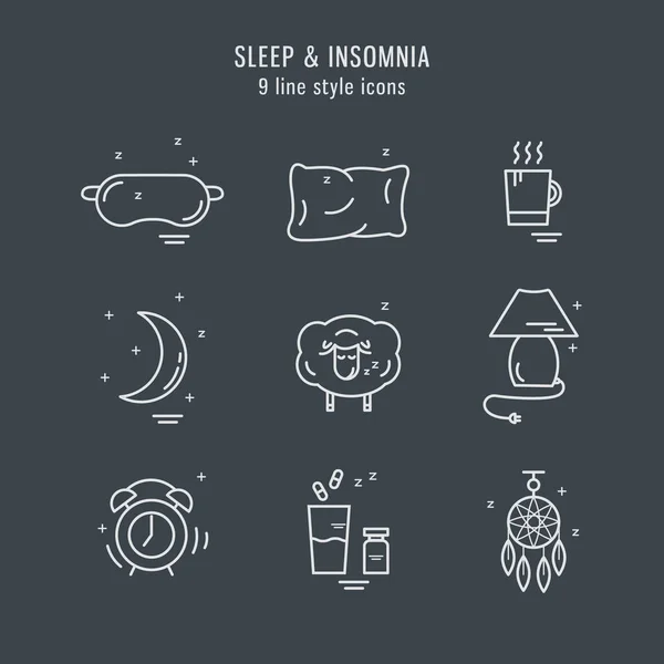 Colección de iconos de línea vectorial aislados con problemas de sueño y símbolos de insomnio — Archivo Imágenes Vectoriales