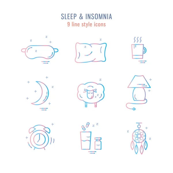 Uyku sorunları ve uykusuzluk sembollerle izole vektör hat simgeler kümesi. — Stok Vektör