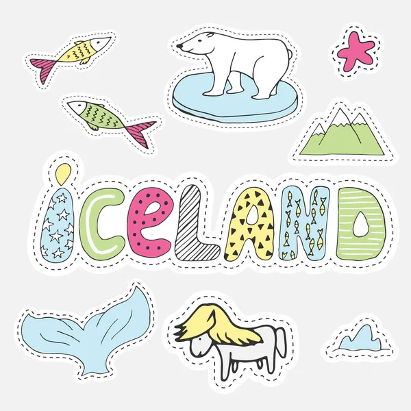 Disegnato a mano cartone animato Islanda set vettore illustrazione etichetta in stile patch. Ricamo, adesivo o spillo — Vettoriale Stock