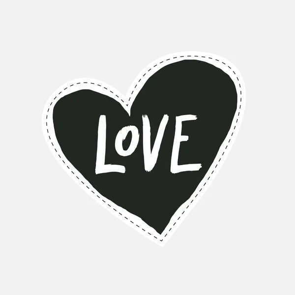 Handgezeichneter Liebes-Schriftzug in schwarzem handgezeichnetem Herzen. Aufkleber oder Etikett im Stil der 80er und 90er Jahre. — Stockvektor