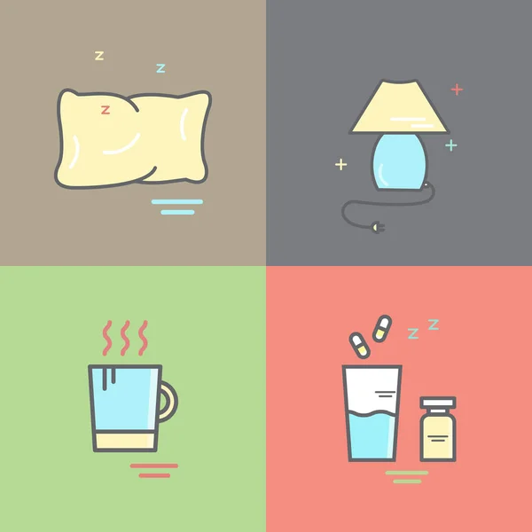 Sleep and insomnia line icons. Four cute color elements. — Stock Vector