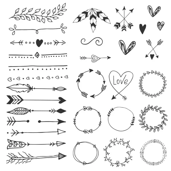 Okları, Kalpler, süsleme - dekor öğeleri boho tarzı düğün handdrawn. Vektör toplama.