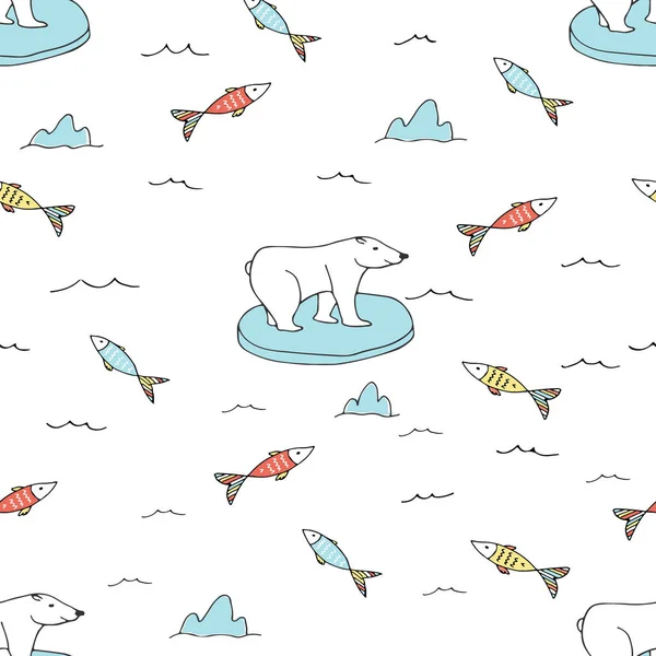 Niedliche handgezeichnete Baby nahtlose Muster über das Meer mit weißem Bären und Fisch. ideal für Stoff, Textilien — Stockvektor
