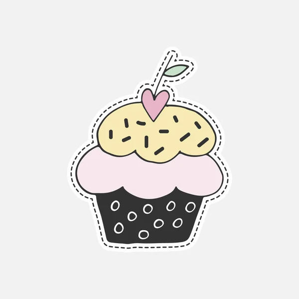 Sweet hand drawn cupcake. Isolated vector illustration in patch style. Great for stickers, embroidery, badges. — Stock Vector