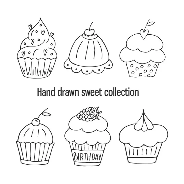Χέρι που απομονωμένες γενέθλια cupcake. Σετ φούρνος χαριτωμένο γλυκό διάνυσμα. — Διανυσματικό Αρχείο