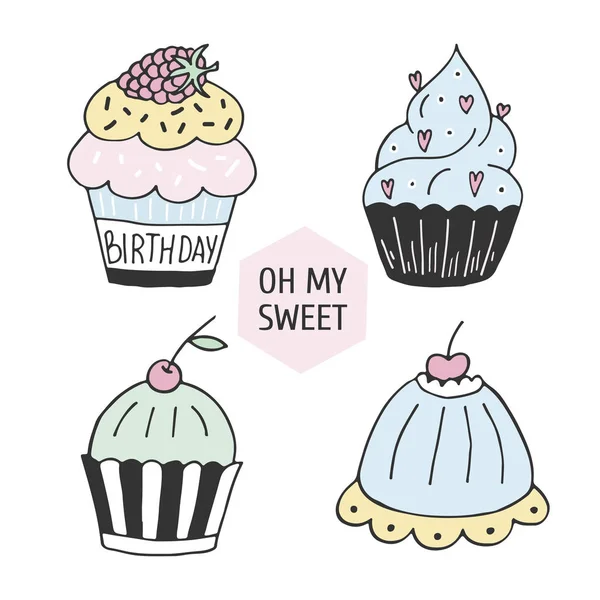 Conjunto de colorido desenho animado mão cupcake desenhado. Ilustração vetorial isolada . —  Vetores de Stock