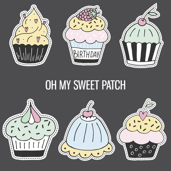 Set di colorati cartone animato disegnato a mano cupcake. Illustrazione vettoriale isolata in stile patch . — Vettoriale Stock