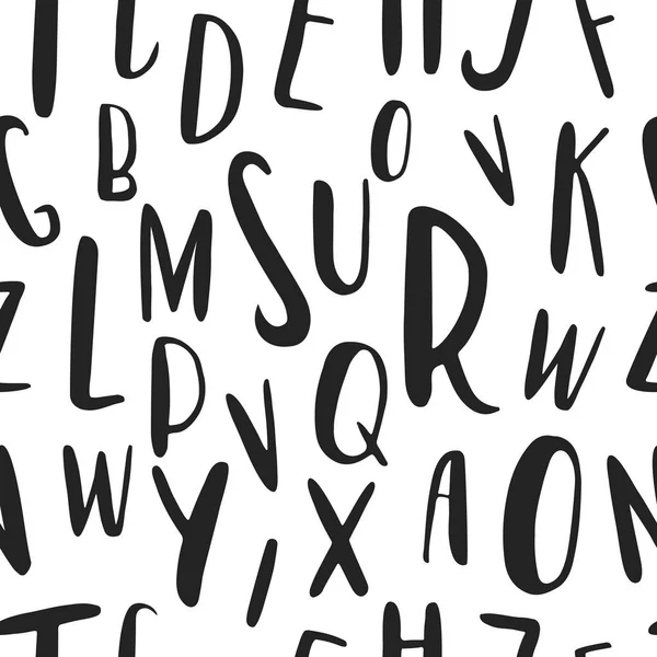 Einzigartige handgezeichnete lateinische Alphabet nahtlose Muster. niedlichen Vektor abc unterschiedliche Größe Buchstaben von Hand gezeichnet. — Stockvektor