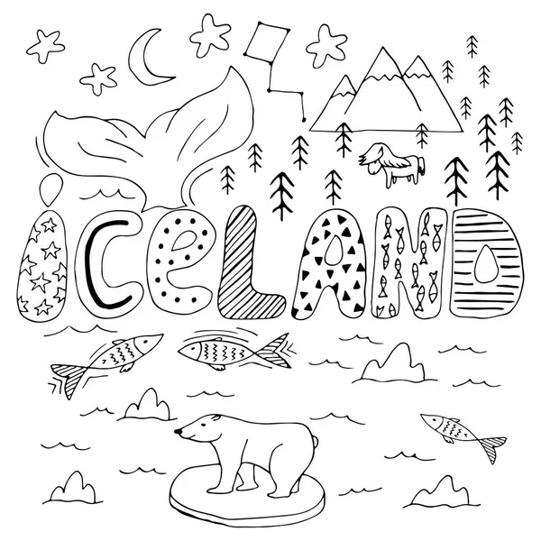 Islande dessin à la main carte de dessin animé. Illustration vectorielle mignonne avec repères de voyage, animaux et phénomènes naturels . — Image vectorielle