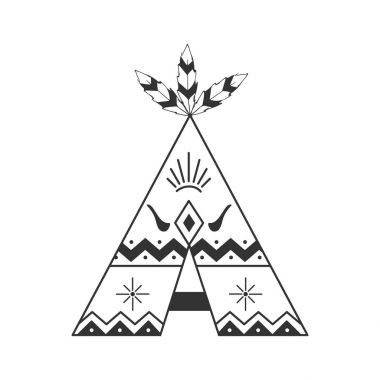 Cute tipi illustration isolated on white with feathers and indian ornaments. Vector wigwam boho style clipart