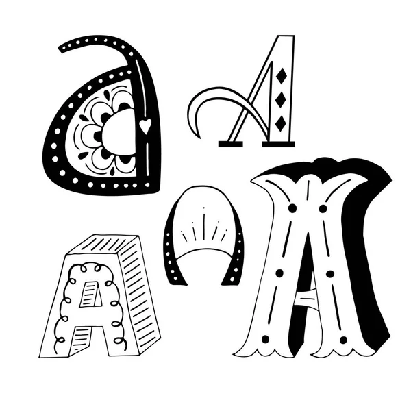 手绘字母 A 与涂鸦装饰独特的收藏。可爱的刻字波西米亚风格脚本。Abc 拉丁字母 — 图库矢量图片