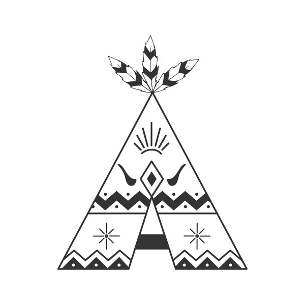 Jolie illustration tipi isolée sur blanc avec des plumes et des ornements indiens. Vecteur style wigwam boho — Image vectorielle