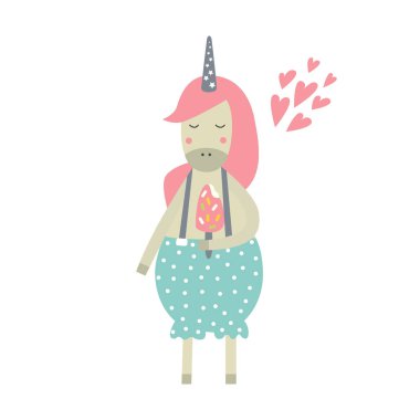 Tek boynuzlu at gerçek - şirin sihirli vektör çizim. Tek boynuzlu at kız beyaz zemin üzerine dondurma ile