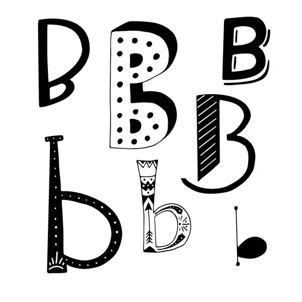 Unieke collectie van hand getrokken letter B met doodle sieraad. Schattig belettering boho stijl script. ABC Latijnse alfabet — Stockvector