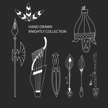 Şövalye el öğeleri koleksiyonu çekilmiş. Vektör çizim kask, mızrak ve yayla