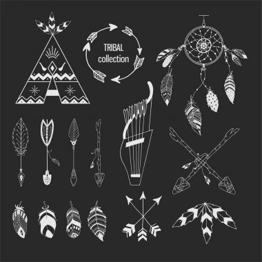 El kabile koleksiyon öğeleri boho tarzda çizilmiş. Geçiş yumuşatma, tipi ve oklar. Vektör çizim.