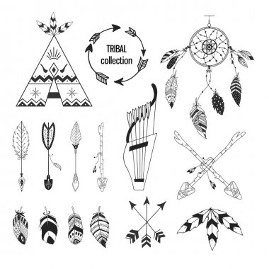El kabile koleksiyon öğeleri boho tarzda çizilmiş. Geçiş yumuşatma, tipi ve oklar. Vektör çizim.