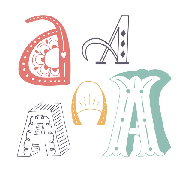 Unikalna kolekcja ręcznie rysowane litera A z doodle ornament. Ładny napis boho stylu skryptu. Abc alfabet łaciński — Wektor stockowy
