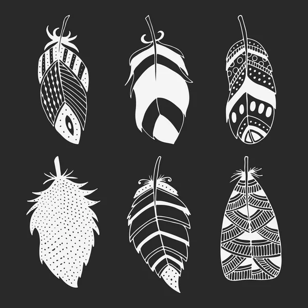 Lindo conjunto dibujado a mano de diferentes plumas. Colección de plumas para pájaros en estilo garabato. Ilustración vectorial — Archivo Imágenes Vectoriales