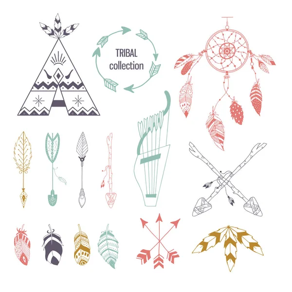 El kabile koleksiyon öğeleri boho tarzda çizilmiş. Geçiş yumuşatma, tipi ve oklar. Vektör çizim.