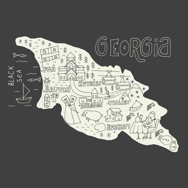 Unique hand drawn cartoon map of Georgia. Vector illustration