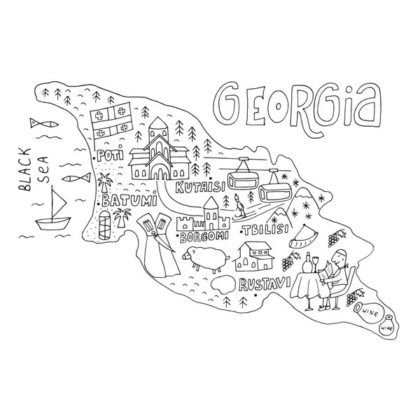 Mappa dei cartoni animati disegnati a mano unica della Georgia. Illustrazione vettoriale — Vettoriale Stock
