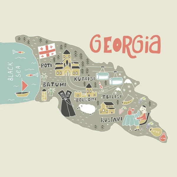 Mappa dei cartoni animati disegnati a mano unica della Georgia. Illustrazione vettoriale — Vettoriale Stock