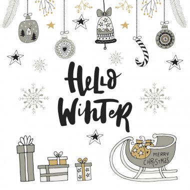 Merhaba kış - yazı ve süslemeleri ile çizilmiş Noel kartı el. Şirin yeni yıl küçük resim. Vektör çizim