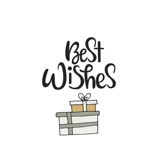 Best wishes - Cute hand drawn Christmas card with lettering and doodle gift boxes. Vector illustration — Stock Vector