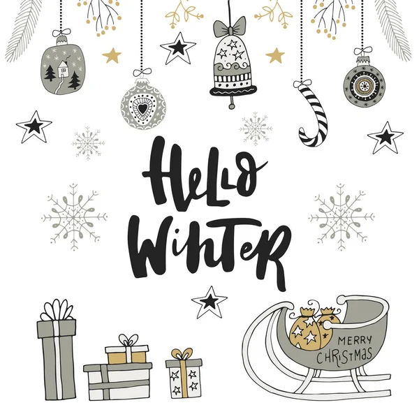 Merhaba kış - yazı ve süslemeleri ile çizilmiş Noel kartı el. Şirin yeni yıl küçük resim. Vektör çizim
