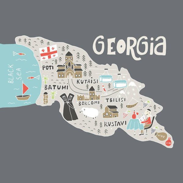 Unique hand drawn cartoon map of Georgia. Vector illustration