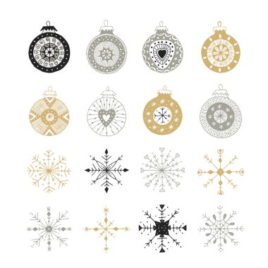 Elle çizilmiş Noel doodle topları ve kar taneleri koleksiyonu. Şirin yılbaşı dekorasyon. Vektör çizim.