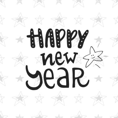 Mutlu yeni yıl - el çekilmiş Noel kartı yazı ile. Şirin yeni yıl ifade. Vektör çizim