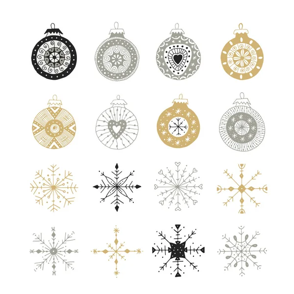 Elle çizilmiş Noel doodle topları ve kar taneleri koleksiyonu. Şirin yılbaşı dekorasyon. Vektör çizim.