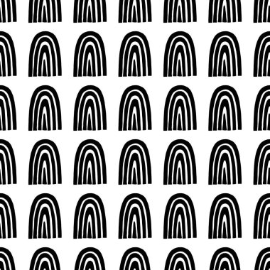 Benzersiz el soyut şekilleri ile çizilmiş seamless modeli. Vektör çizim tek renkli İskandinav tarzı