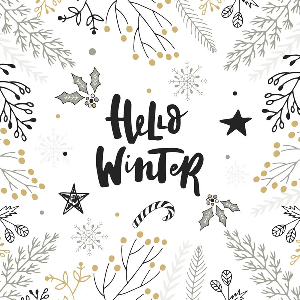 Hola invierno - letras de Navidad dibujadas a mano con flores y decoraciones. Lindo clip de Año Nuevo. Ilustración vectorial — Archivo Imágenes Vectoriales