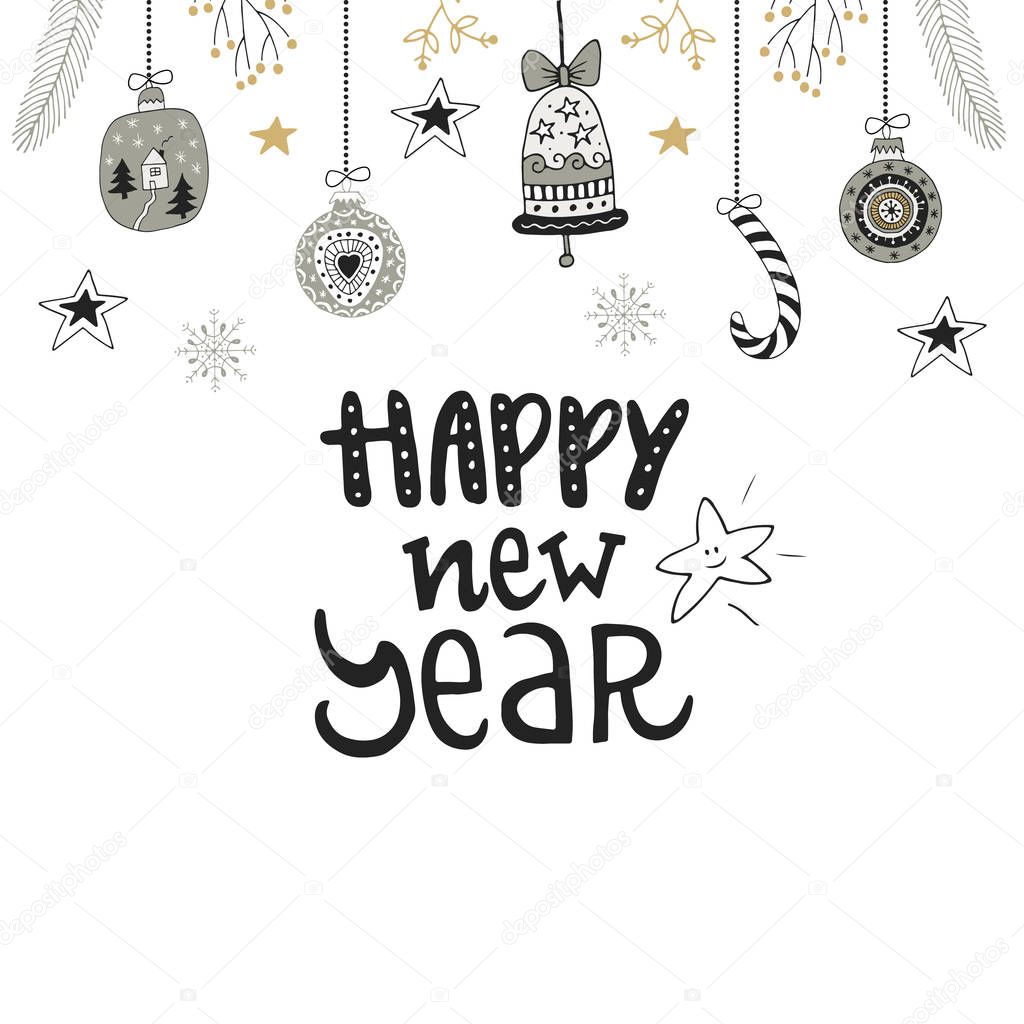 Happy new year- hand drawn Christmas card with lettering and decorations. Cute New Year clip art. Vector illustration