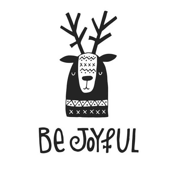 在斯堪的纳维亚风格是快乐手绘制的圣诞贺卡与刻字和鹿。单色的新年海报. — 图库矢量图片