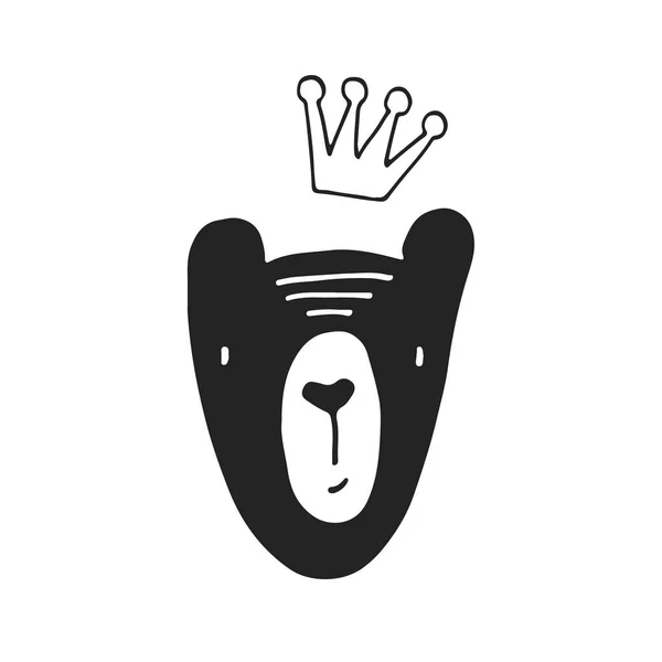 Bonito cartel infantil dibujado a mano con oso y corona en estilo escandinavo. Ilustración vectorial monocromática — Archivo Imágenes Vectoriales