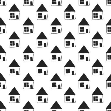 İskandinav tarzı evi ile şirin el çekilmiş kreş seamless modeli. Tek renkli vektör çizim