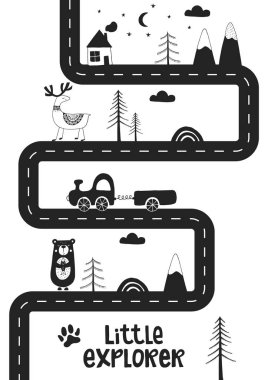 Little explorer - Cute hand drawn nursery poster with road, wild animals and car. Monochrome vector illustration. vector