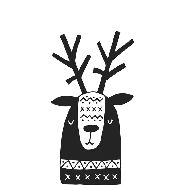 可爱的手绘制的苗圃海报与鹿在斯堪的纳维亚风格。单色矢量图 — 图库矢量图片