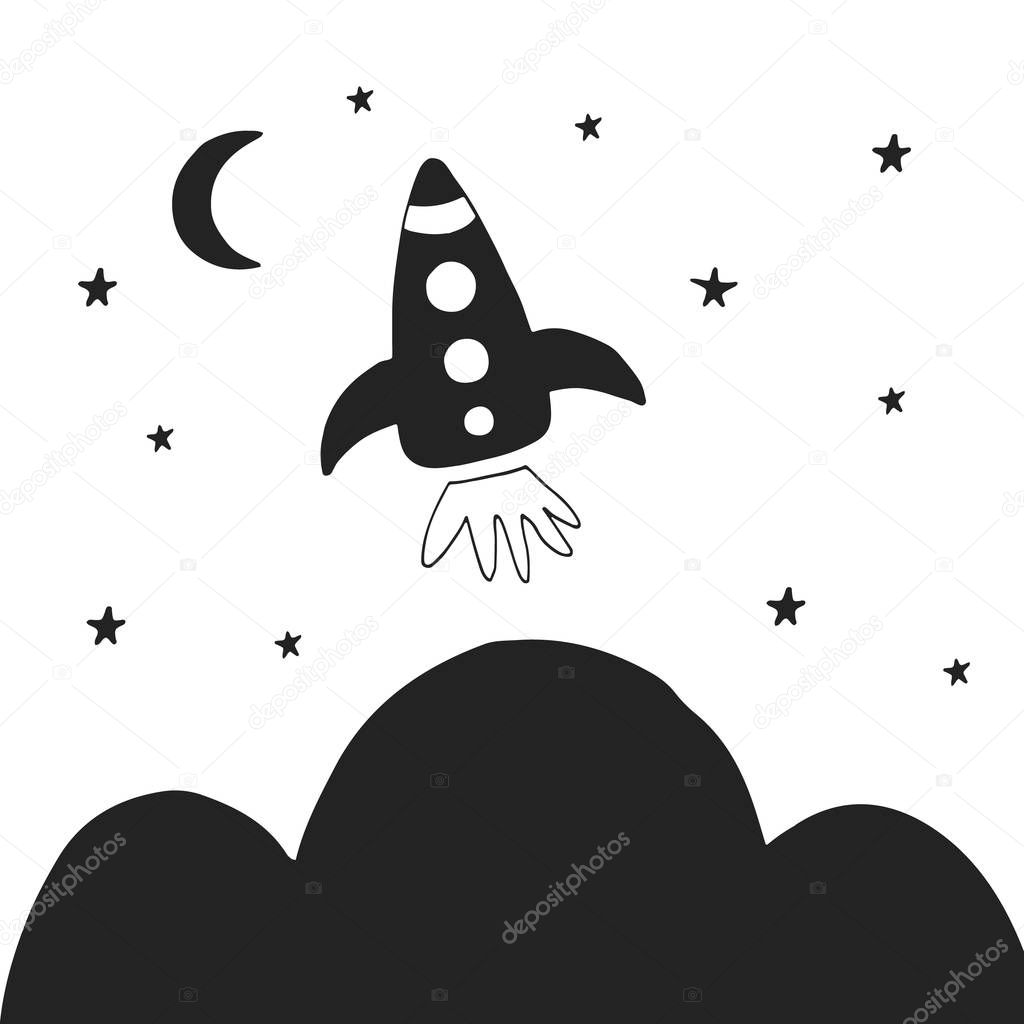 Cute hand drawn nursery poster with space rocket in scandinavian style. Monochrome vector illustration