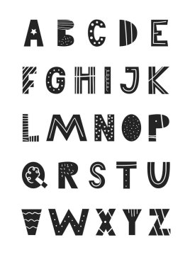 ABC - Latin alfabesi. Benzersiz el çekilmiş kreş poster handdrawn harflerle İskandinav tarzı ile.