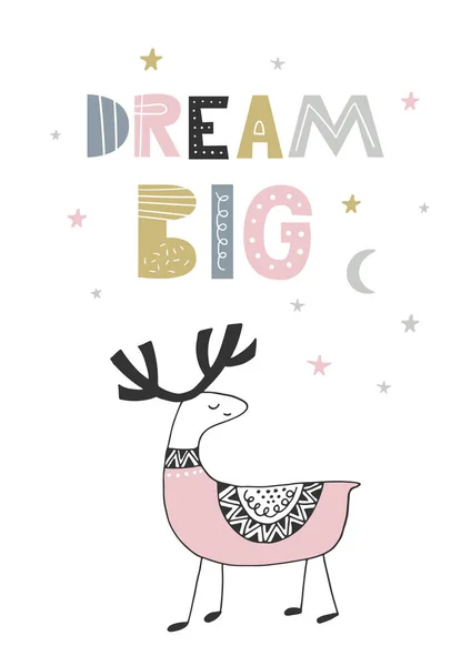 Dream Big - милый ручной рисунок детского плаката с ручной надписью в скандинавском стиле. Векторная иллюстрация — стоковый вектор
