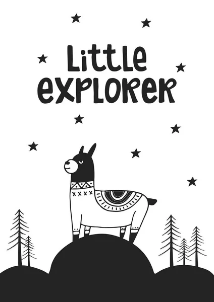 Little explorer Carino poster vivaio disegnato a mano con scritte a mano in stile scandinavo. Illustrazione vettoriale — Vettoriale Stock