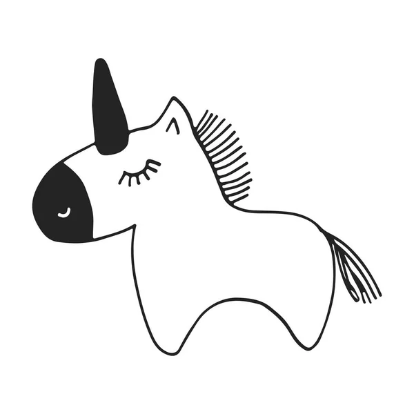 Bonito cartel infantil dibujado a mano con unicornio en estilo escandinavo. Ilustración vectorial monocromática — Vector de stock